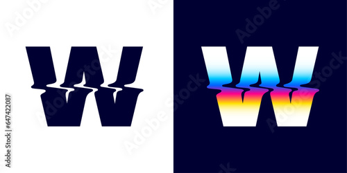 W letter logo with color glitch. Neon double exposure style. Multicolor gradient sign with hologram and illusion effect. Glowing color shift vector icon for nightlife labels, game screens, vibrant adv