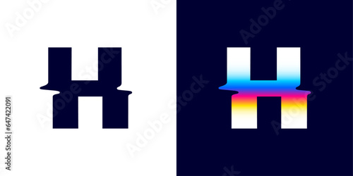 H letter logo with color glitch. Neon double exposure style. Multicolor gradient sign with hologram and illusion effect. Glowing color shift vector icon for nightlife labels, game screens, vibrant adv