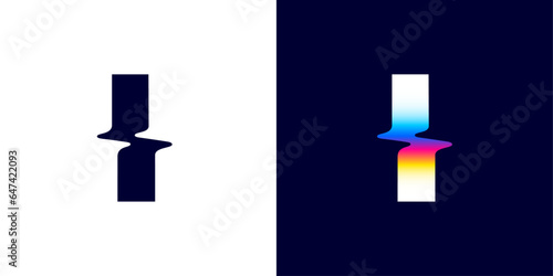 I letter logo with color glitch. Neon double exposure style. Multicolor gradient sign with hologram and illusion effect. Glowing color shift vector icon for nightlife labels, game screens, vibrant adv