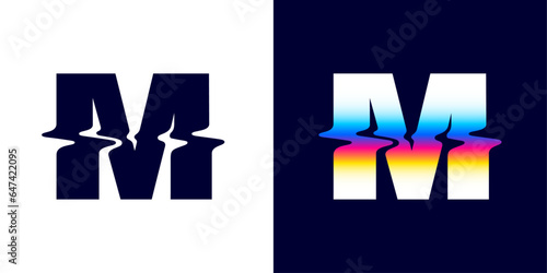 M letter logo with color glitch. Neon double exposure style. Multicolor gradient sign with hologram and illusion effect. Glowing color shift vector icon for nightlife labels, game screens, vibrant adv