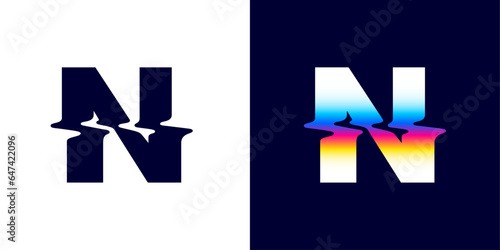 N letter logo with color glitch. Neon double exposure style. Multicolor gradient sign with hologram and illusion effect. Glowing color shift vector icon for nightlife labels, game screens, vibrant adv