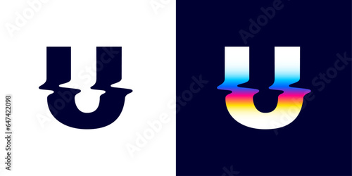 U letter logo with color glitch. Neon double exposure style. Multicolor gradient sign with hologram and illusion effect. Glowing color shift vector icon for nightlife labels, game screens, vibrant adv