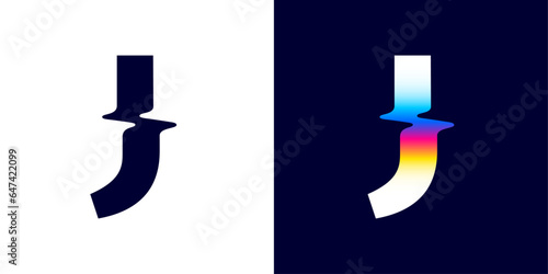 J letter logo with color glitch. Neon double exposure style. Multicolor gradient sign with hologram and illusion effect. Glowing color shift vector icon for nightlife labels, game screens, vibrant adv