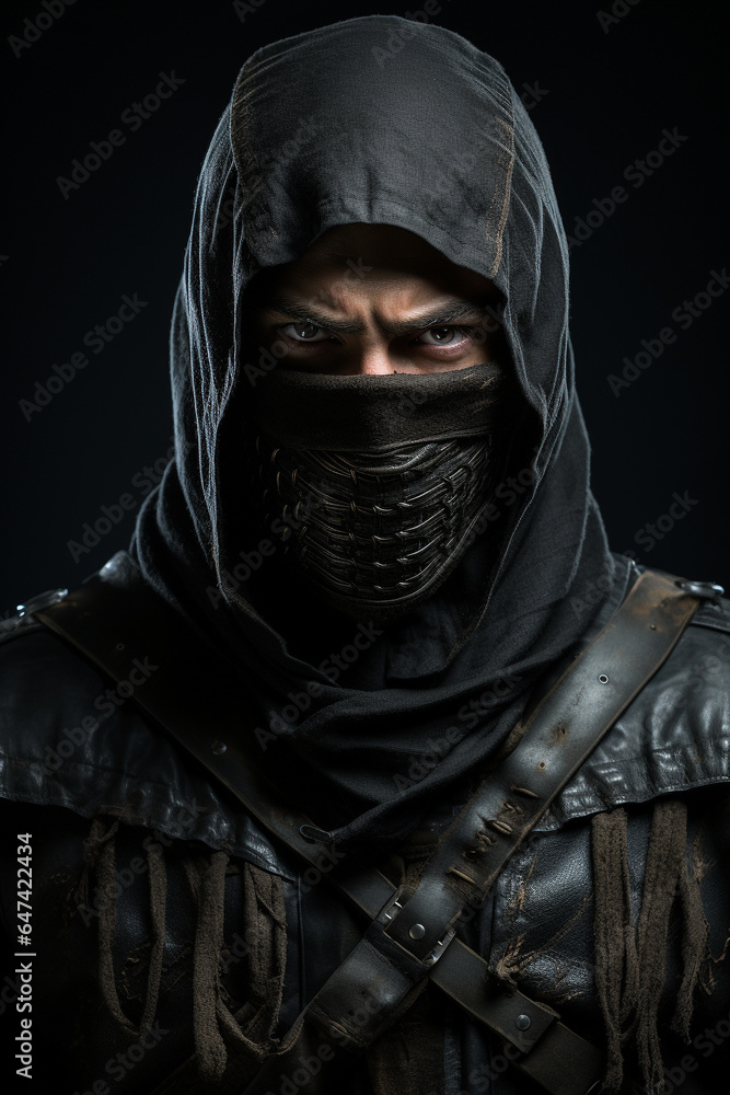 Close up ninja portrait in studio shot looking at camera Close up ninja portrait in studio shot looking at camera
