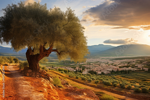 Olive tree landscape and andalusian village style in background