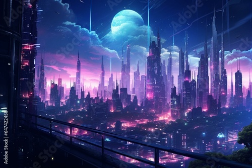 An illuminated nighttime cityscape with a futuristic cyberpunk aesthetic. Generative AI