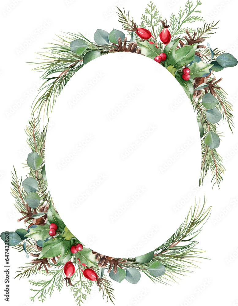 Fototapeta premium Watercolor winter greenery wreath illustration, transparent background. Christmas border, round frame, holiday card template. Hand painted pine tree branches, holly, red berries, eucalyptus leaves 