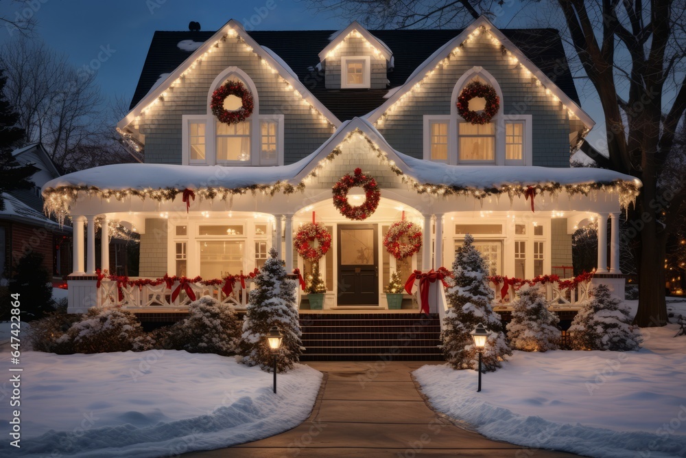 Beautifully decorated house at night with Christmas lights