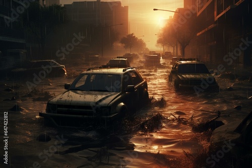 Vehicles traverse flooded urban road. Generative AI