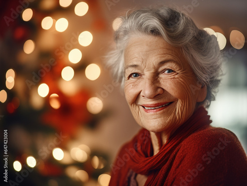 Portrait of happy old woman celebrating Christmas 