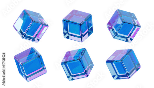 3d holographic glass cube. Isolated on white background. 3D rendering illustration. 