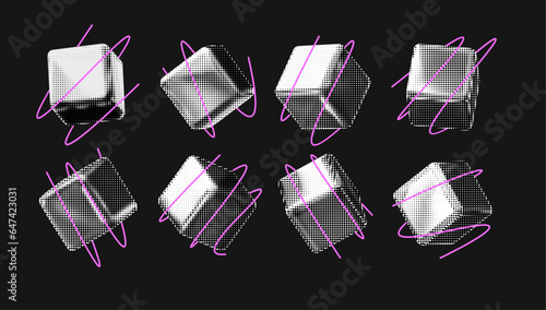3D cube in halftone style. Modern geometric background. Vector creative illustration.