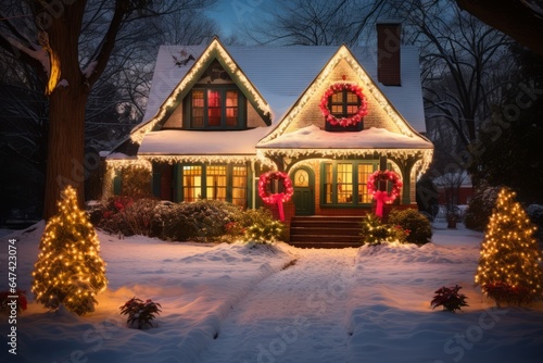 Beautifully decorated house at night with Christmas lights