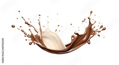 A splash of chocolate on a white surface. Chocolate and milk splashes on a transparent background.