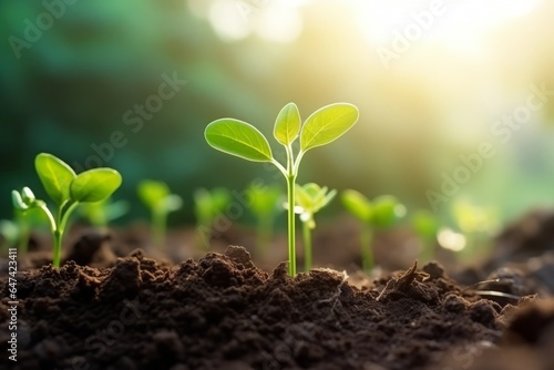 Green seedling growing from soil in the morning light. Agriculture concept