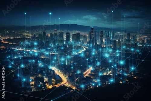 Cityscape with interconnected city lights. Generative AI © William