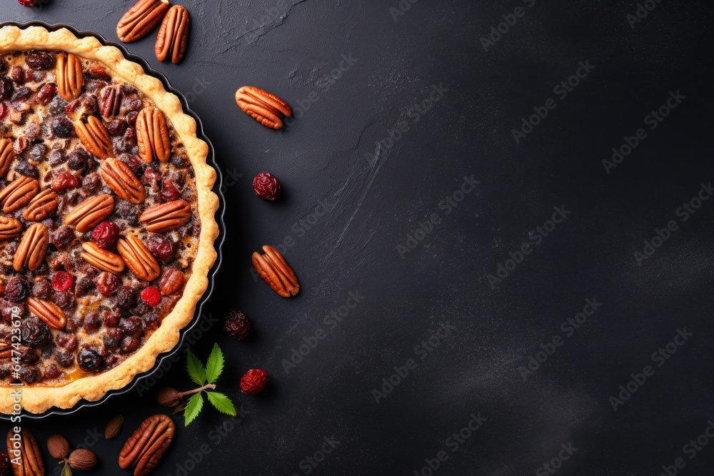 Cranberry pecan pie on dark stone, flat lay with copyspace, top view, fall food, Thanksgiving cooking - obrazy, fototapety, plakaty 