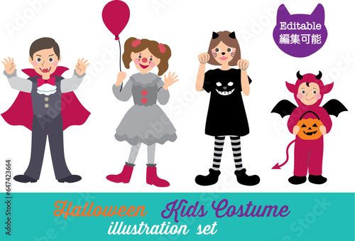 Editable halloween party elements set of boys and girls in lovely clown, cat, vampire, devil costume vector illustration. cute and fun material for design
