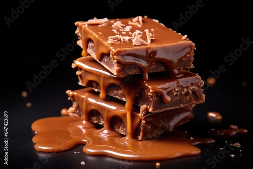 Stack of chocolate pieces, dripping with caramel sauce, topped with chocolate shavings.