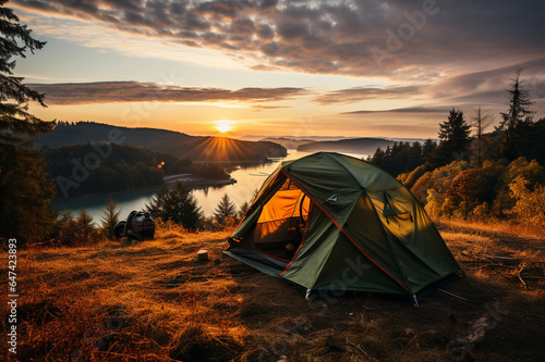 Outdoor camping photo. tent in the middle of nature, beautiful landscape. natural, protected area made with AI