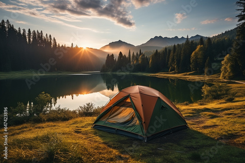 Outdoor camping photo. tent in the middle of nature, beautiful landscape. natural, protected area made with AI