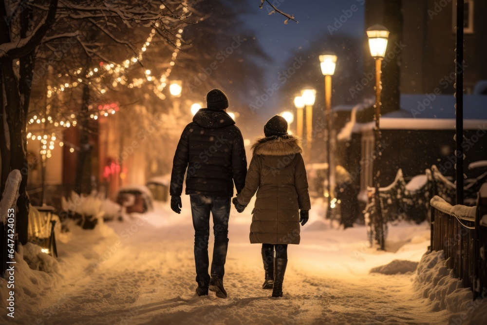 back view of couple walking on snowy street at night