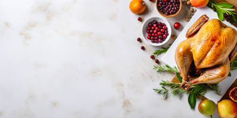 Thanksgiving whole roast turkey and cranberries on white background, flat lay with copyspace, top view, fall food cooking, banner