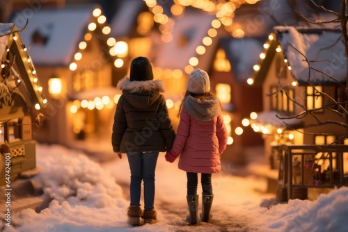 back view of kids walking on snowy street at night photo
