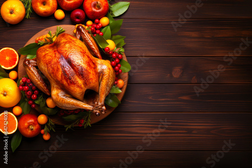 Thanksgiving whole roast turkey and citrus fruit on brown wood plank table, flat lay with copyspace, top view, fall food cooking