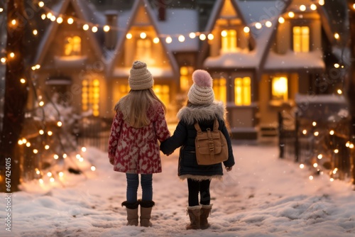 back view of kids walking on snowy street at night