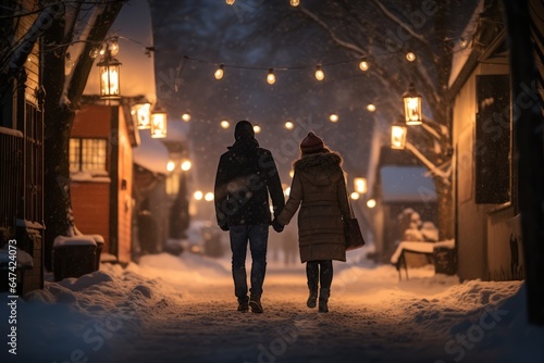back view of couple walking on snowy street at night