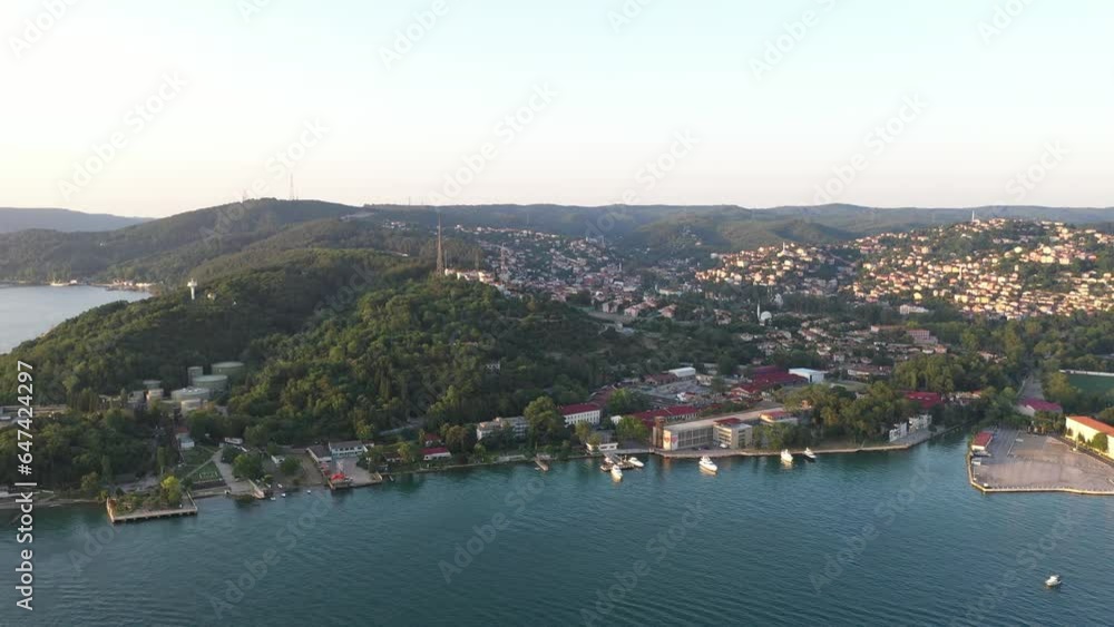 Aerial drone view of Beykoz Shoe Factory in Istanbul with Bosphorus view. Aerial drone view of Beykoz Shoe Factory in Istanbul with Bosphorus view.