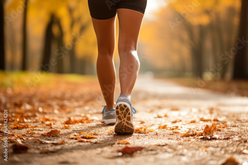 Closeup of legs of a female runner jogging in a park on an autumn afternoon