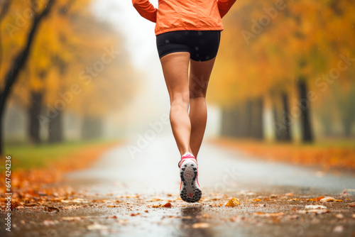 Closeup of legs of a female runner jogging in a park on a rainy autumn afternoon