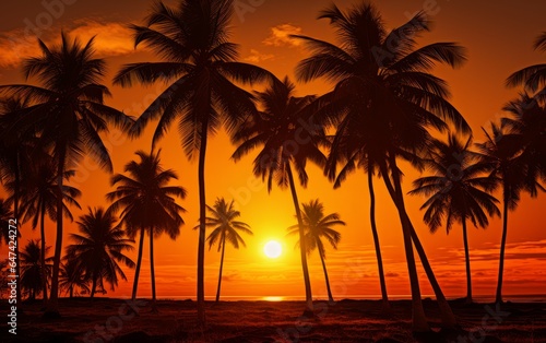 Beautiful sunset over the sea with palm trees on the beach