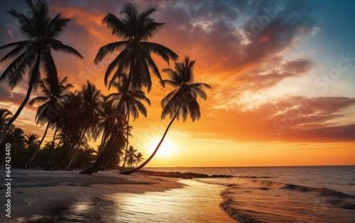 Beautiful sunset over the sea with palm trees on the beach