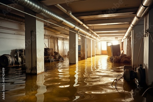 Flooded basement or electrical room with water damage. Cleaning up leaks from wall and ceiling. Generative AI