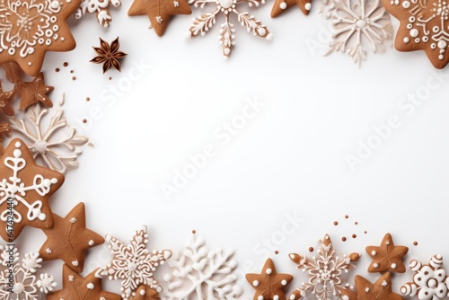 Christmas gingerbread cookies on white background. Top view with copy space