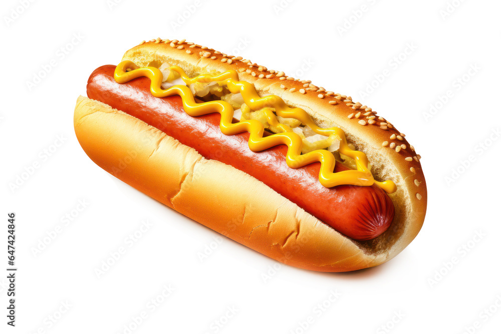 In a hot dog with sausage. Sesame bun, baked. Mustard sauce. Close-up isolated on a white background. In a hot dog with sausage. Sesame bun, baked. Mustard sauce. Close-up isolated on a white background.