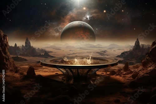 image showing a planet with a circular table surrounding it. Generative AI