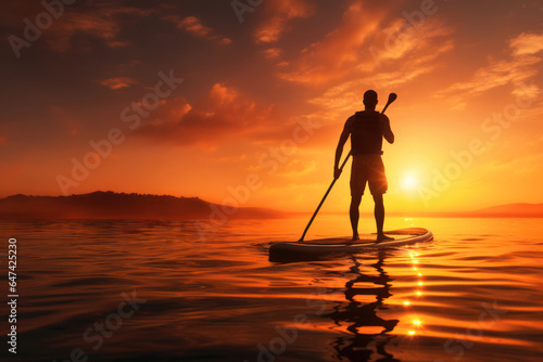 A man with a paddle stands on a SUP board against the background of a sunset silhouette. Water active sports.