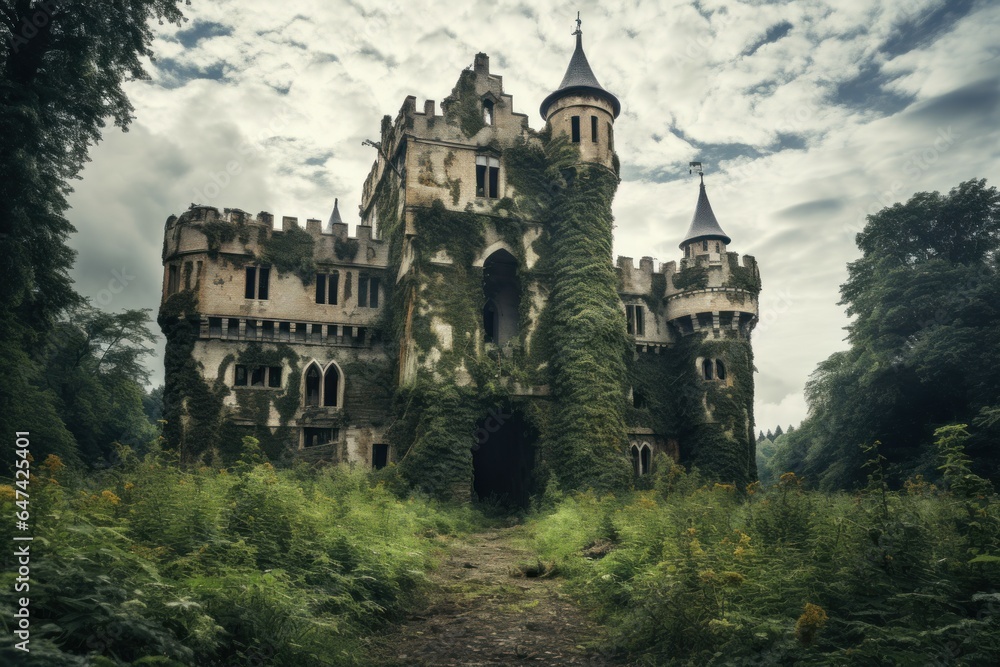 A dilapidated castle interior showcasing its grandeur from the past. Generate Ai