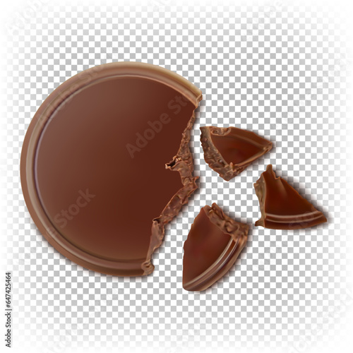 Chocolate sweet coin without wrapper. Round flat chocolate broken into pieces. Top view. Vector realistic illustration isolated on a white background.