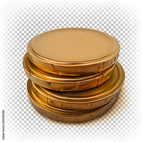 Stack of gold chocolate coins in foil. Vector 3D realistic illustration isolated on a white background.