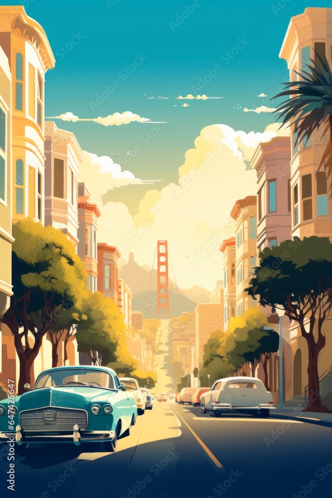 San Francisco  retro city poster with vintage cars
