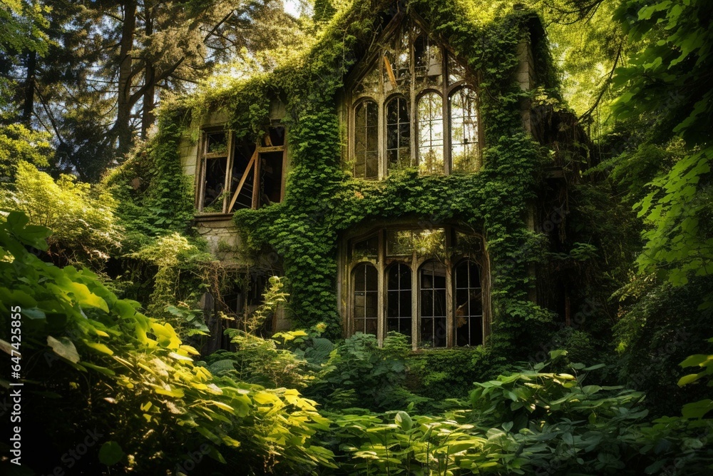 Overgrown house with magical windows captured by nature. Generative AI