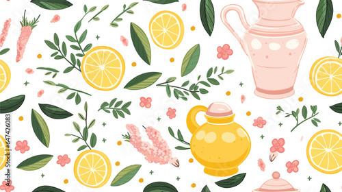 Fototapeta Naklejka Na Ścianę i Meble -  Teapots and mugs with tea, daisies and lemon on white background, vector seamless pattern in flat hand drawn style