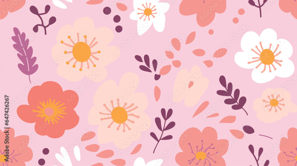 Vector floral seamless pattern in flat hand drawn style, cute flowers with leaves on pink background