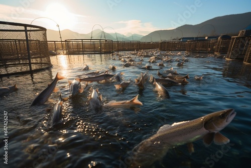 Trout and salmon fry bred in net cages at fish farm. Generative AI photo