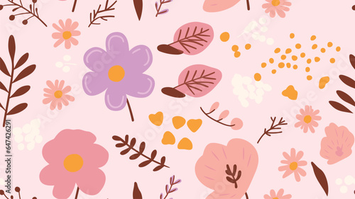 Vector floral seamless pattern in flat hand drawn style, cute flowers with leaves on pink background © Shoaib